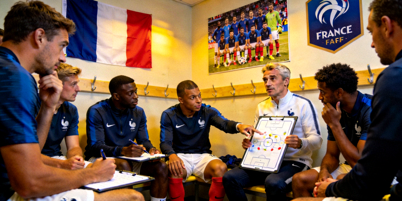 法国队球员在更衣室进行战术讨论的团队照片